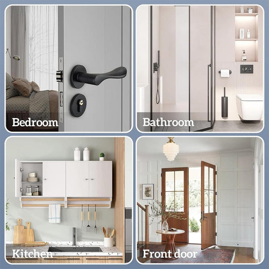 Black over-the-door hook organizer with multiple hooks, shown on doors in bedroom and bathroom