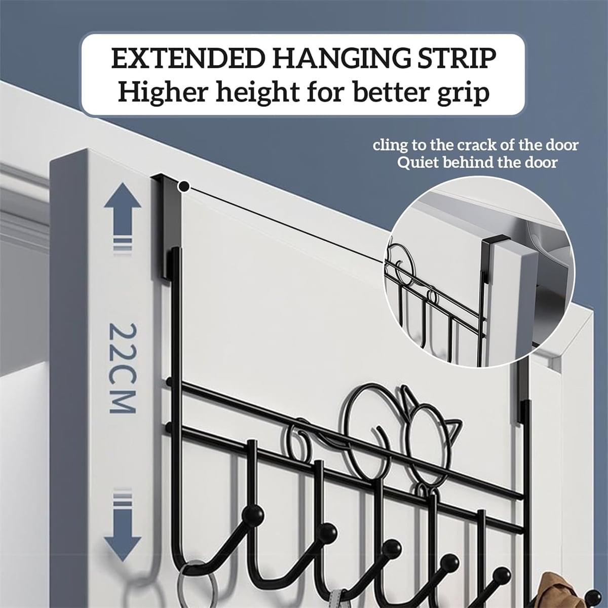 Black extended over-the-door coat rack with cat design and seven hooks for door gap