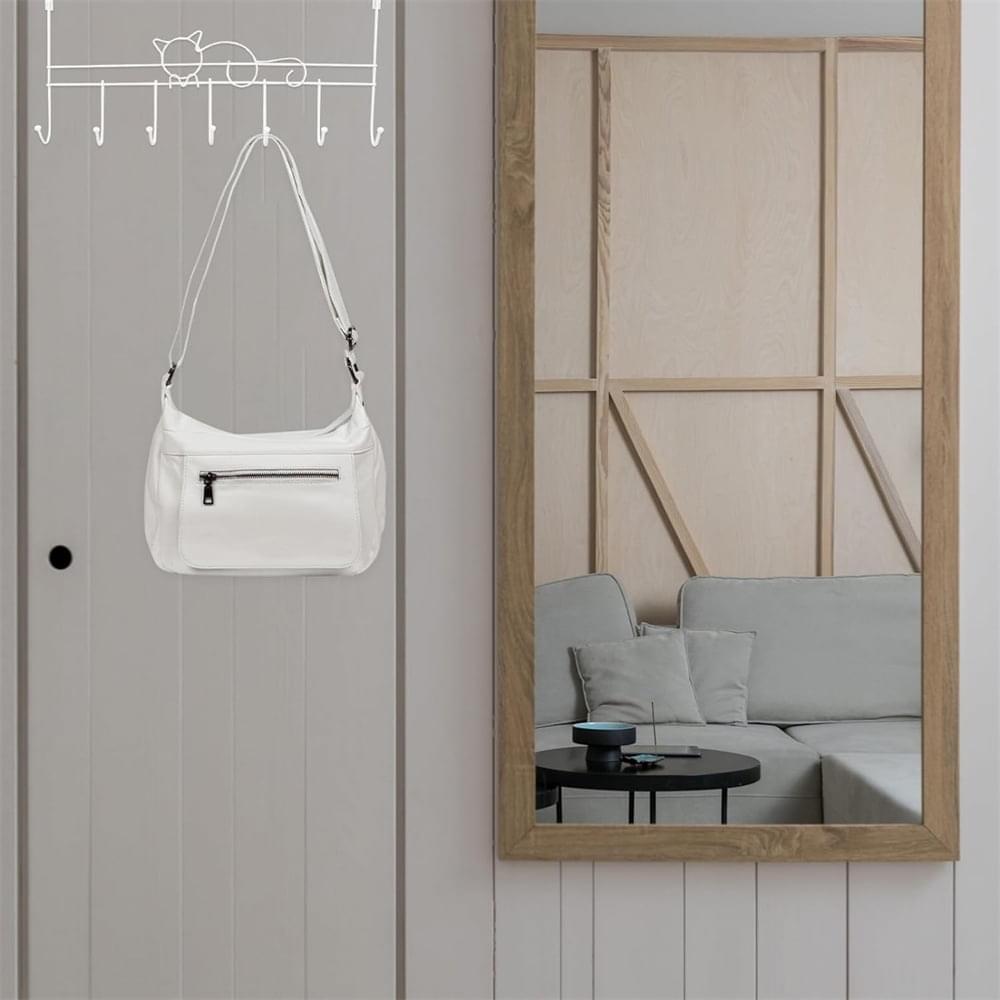 Cat-design over-the-door coat rack with 7 white hooks on door, hanging bags