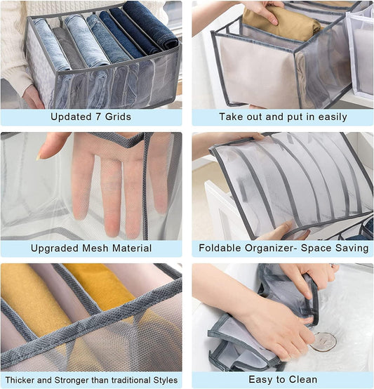 Gray foldable clothes drawer organizer with mesh walls, 7 compartments and lift-out design.