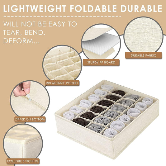 Foldable fabric drawer organizer with zipper base and multiple cell compartments for socks