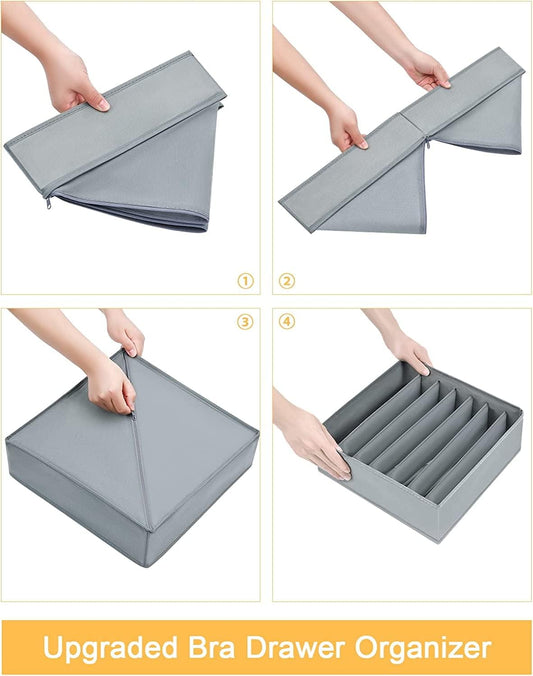 Gray foldable drawer organizer with hinged lid and 7 vertical dividers