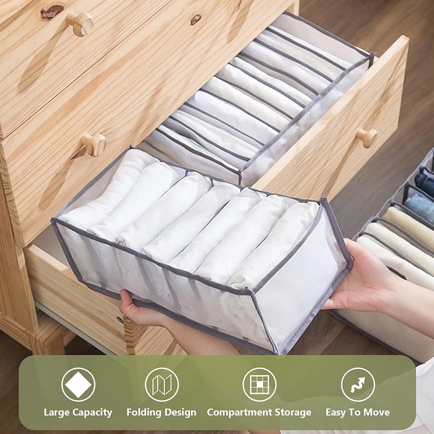 Gray foldable organizer with compartments holding folded white shirts, easy to move