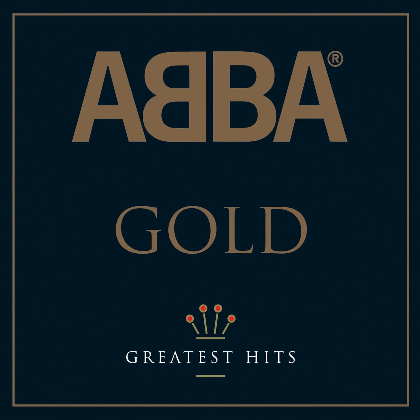 ABBA Gold Greatest Hits CD album cover, dark navy with gold ABBA text and crown logo