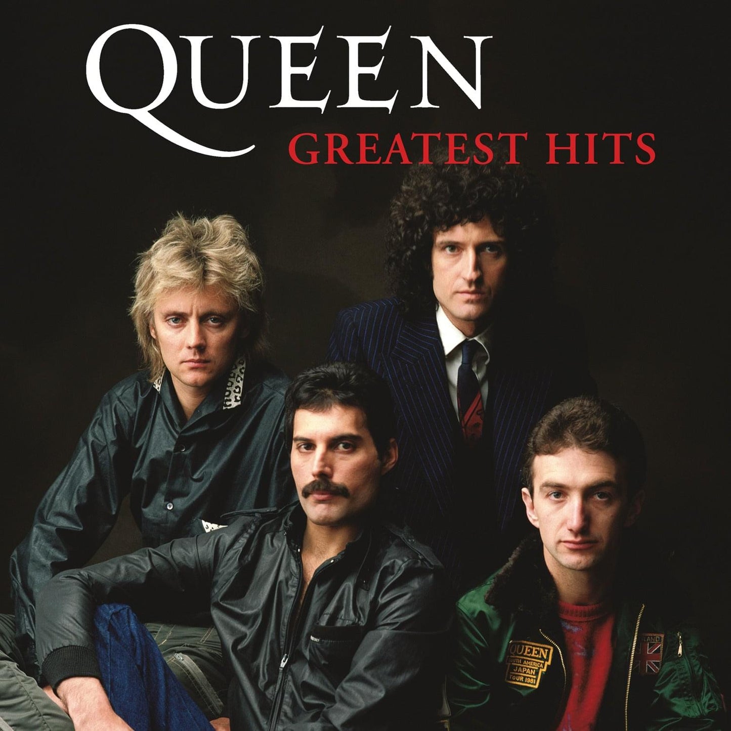Queen Greatest Hits CD album cover with band photo and red title text