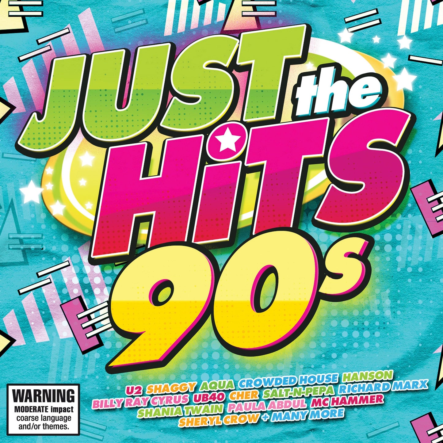 Colorful CD album cover titled "Just the Hits 90s" with track credits at bottom