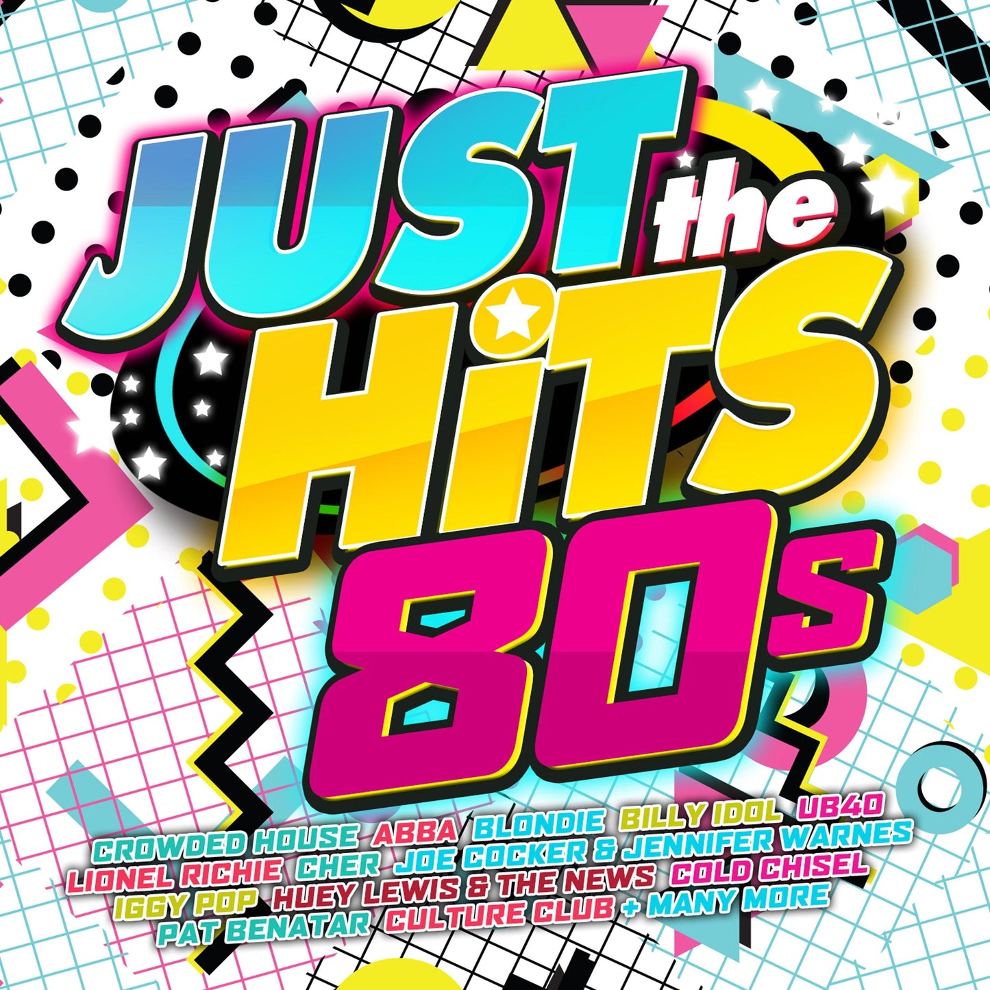80s CD album cover with colorful 'Just the Hits 80s' title and music artist list
