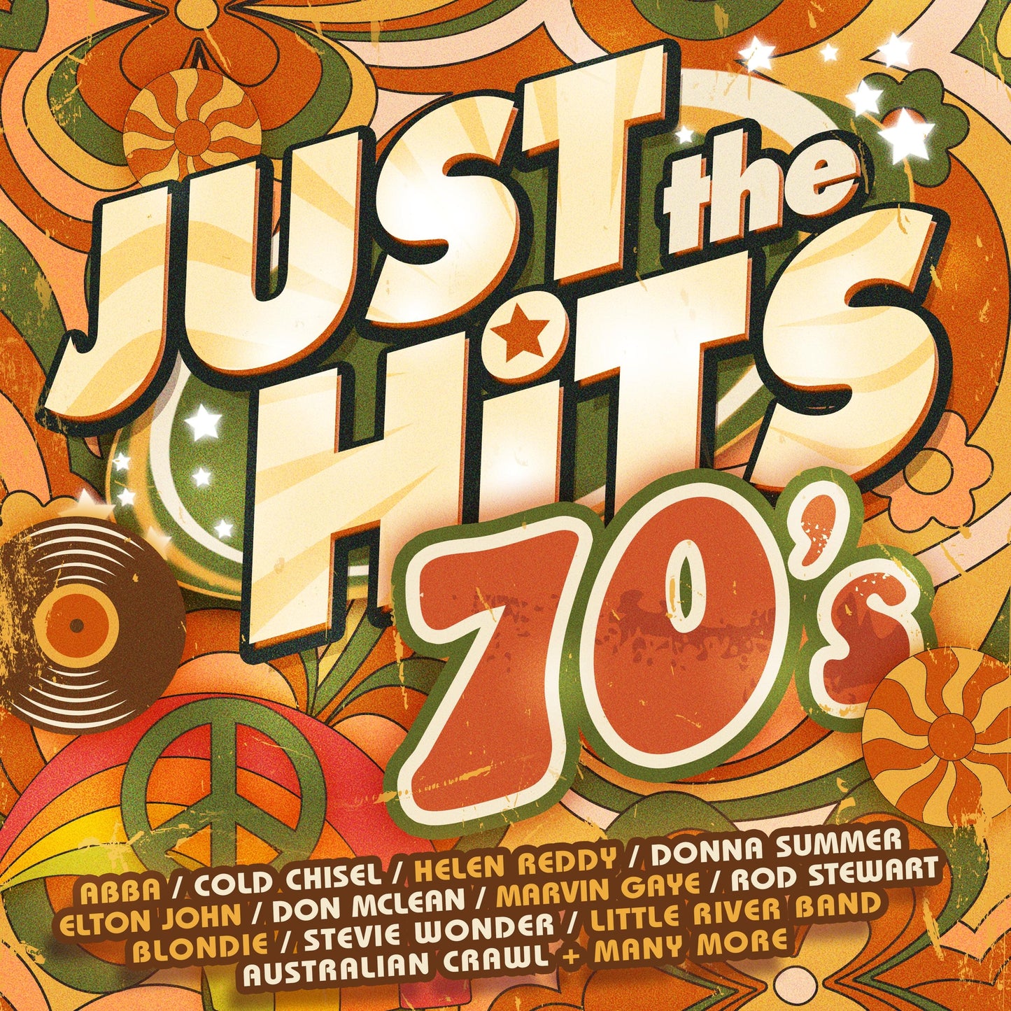 Just the Hits 70s 2CD album cover with retro orange graphic and track list