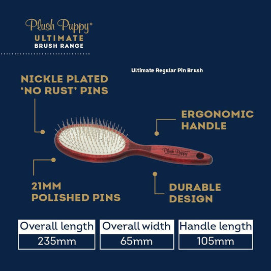Ultimate pin brush with red-brown wooden handle and oval head of metal pins