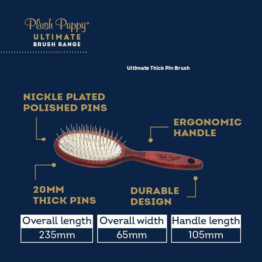 Thick pin hairbrush with white pins and maroon ergonomic handle, oval brush head.