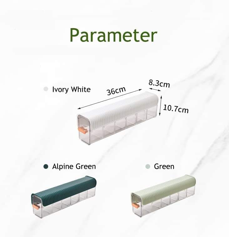 Wall-mounted storage organizer size 36cm long x 8.3cm high, white rail, clear compartments