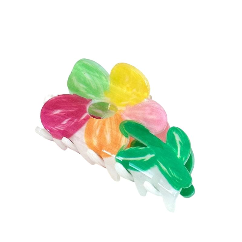 Medium acrylic cartoon hair claw clip with colorful flowers and green leaf accents