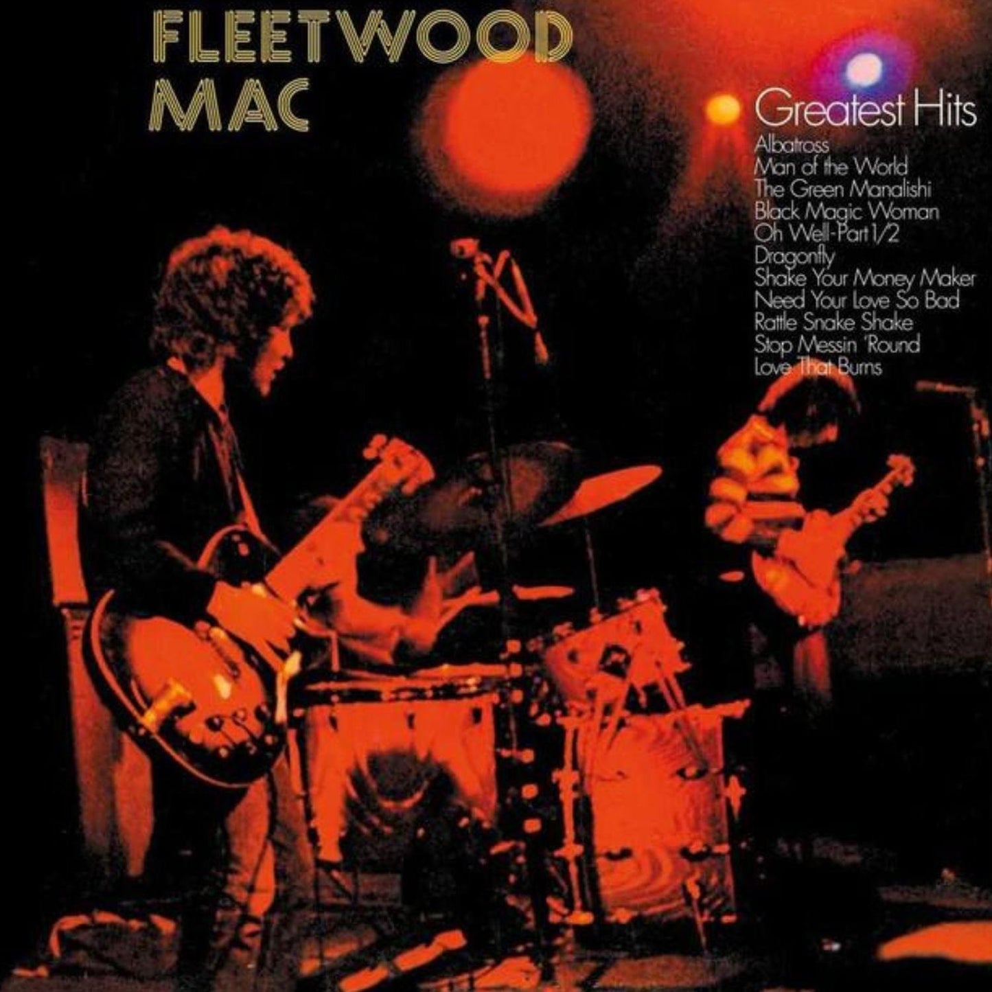 Fleetwood Mac Greatest Hits vinyl album cover with band performing on stage