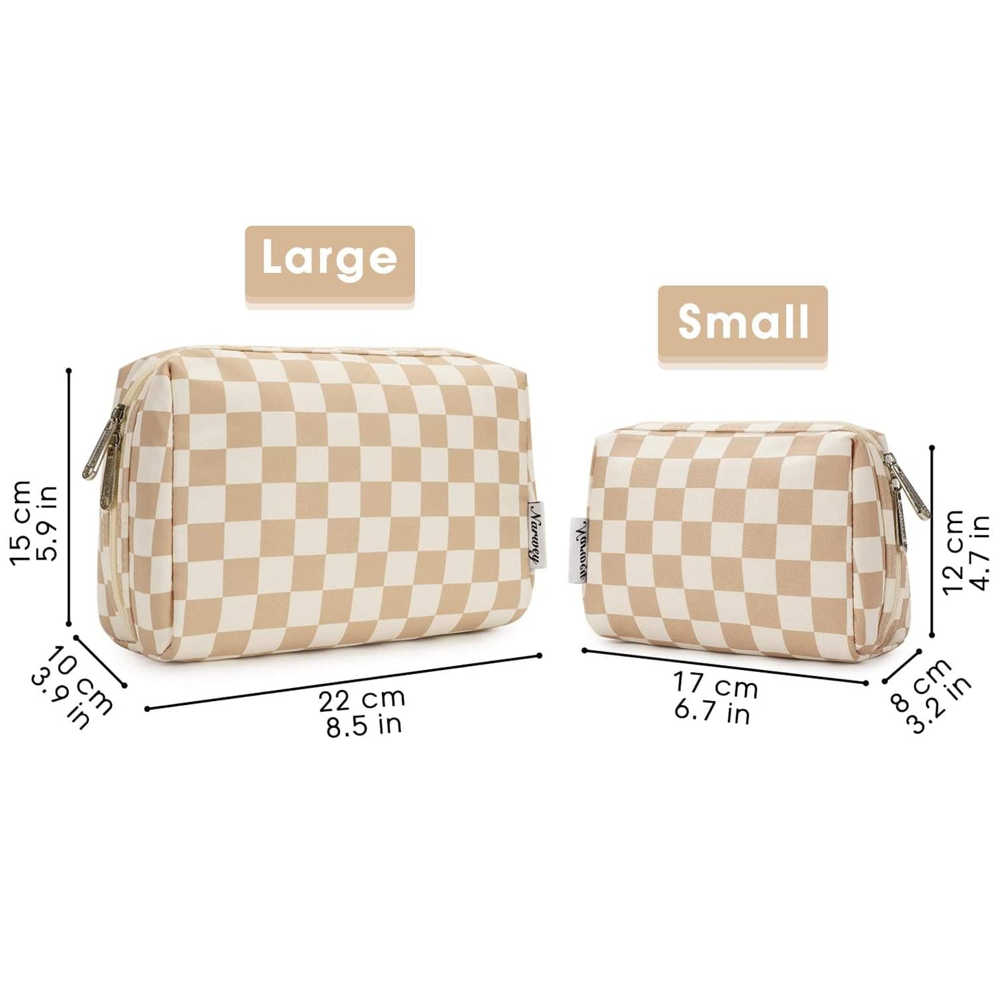 Pair of checkered cosmetic bags: large and small, with zippers and side handles