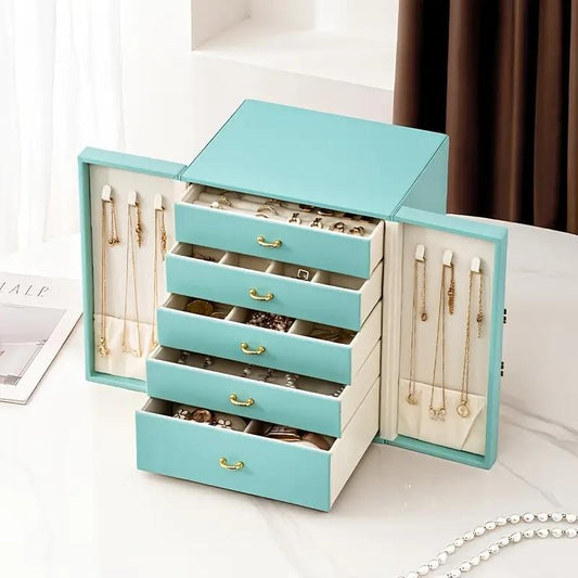 Mint jewelry organizer box with open side door, 5 drawers, gold pulls, earring slots