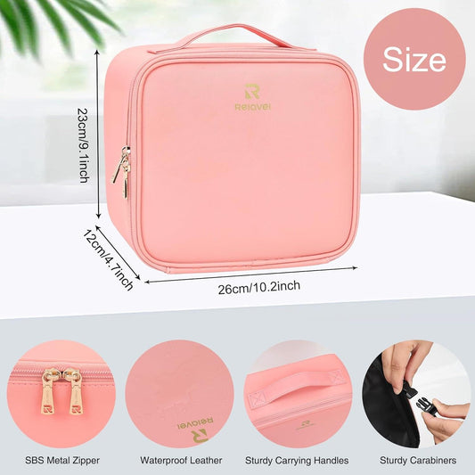 Pink portable cosmetic case with zipper closure and top carry handle, compact square shape.