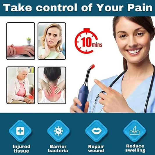 Infrared and blue light therapy wand held to face with red light glow