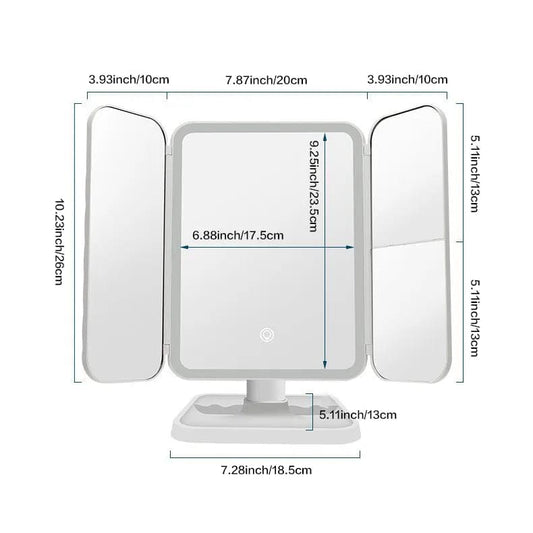Trifold makeup mirror with LED lights, front and side panels with base stand