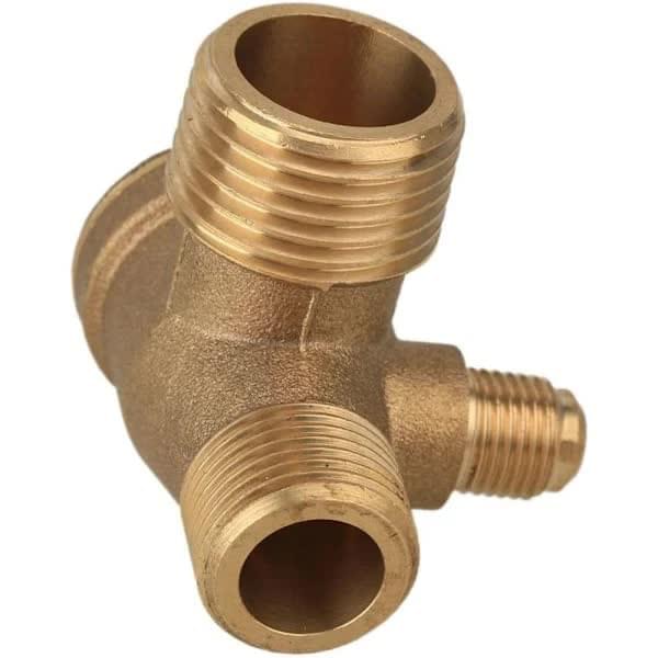 Brass non-return valve with top inlet port and threaded side outlet