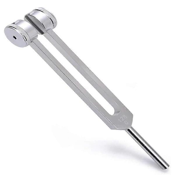 Silver 128 Hz sliding tuning fork with ridged adjustment wheels and steel rod base