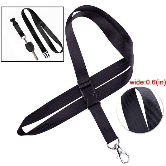 Black neck warmer strap with removable buckle, metal clip end, adjustable loop