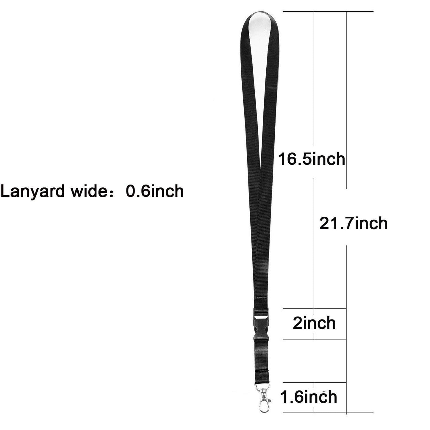 Black neck strap size diagram: 16.5in length, 2in width, 0.6in lanyard wide