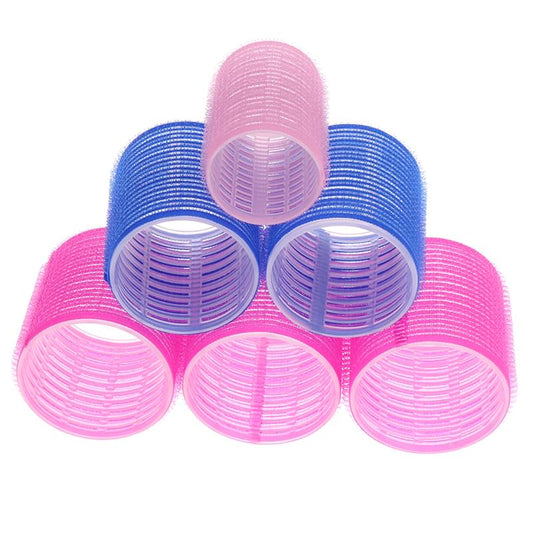 Pink and blue self-adhesive hair rollers, 6-pack cylindrical curl sleeves