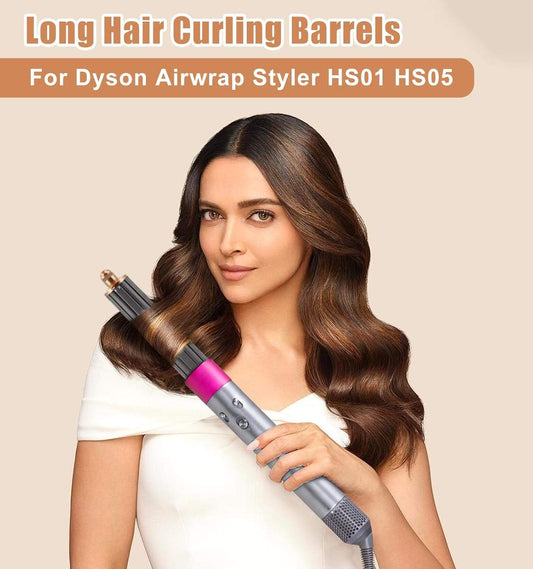 Long hair curling barrel attachment held to create voluminous waves in long hair