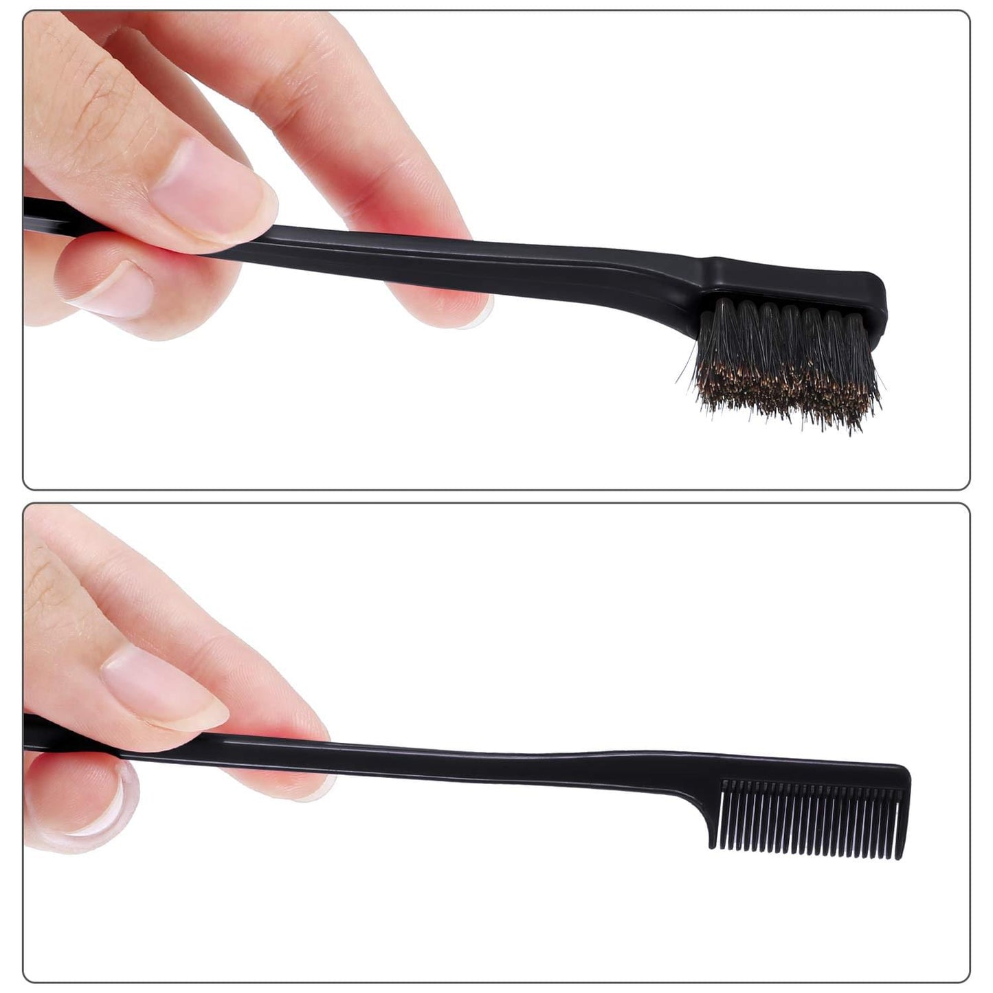 Black edge brush held in hand, with bristle side and comb teeth on the other