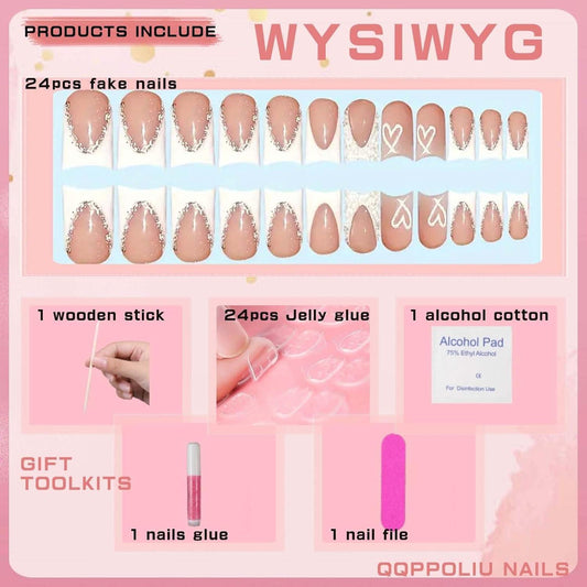 Set of nude short square press-on nails on cards with white French tips and rhinestones