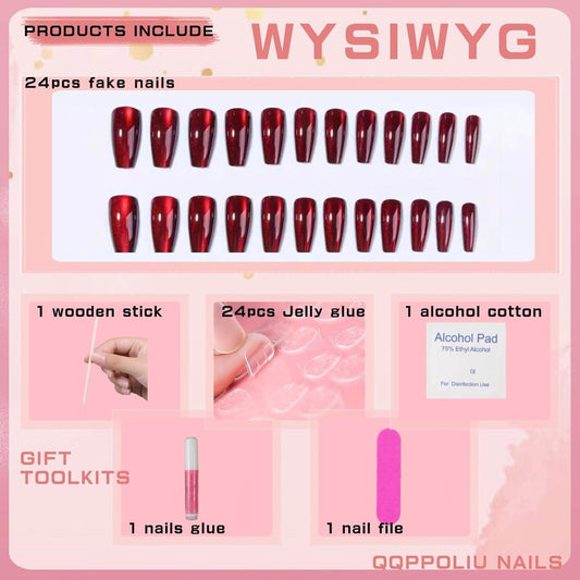 Pack of 24 red glitter press-on coffin nails on display card with included tools
