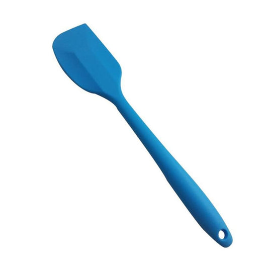 Blue silicone squeegee with an angled scraping head and hanging hole