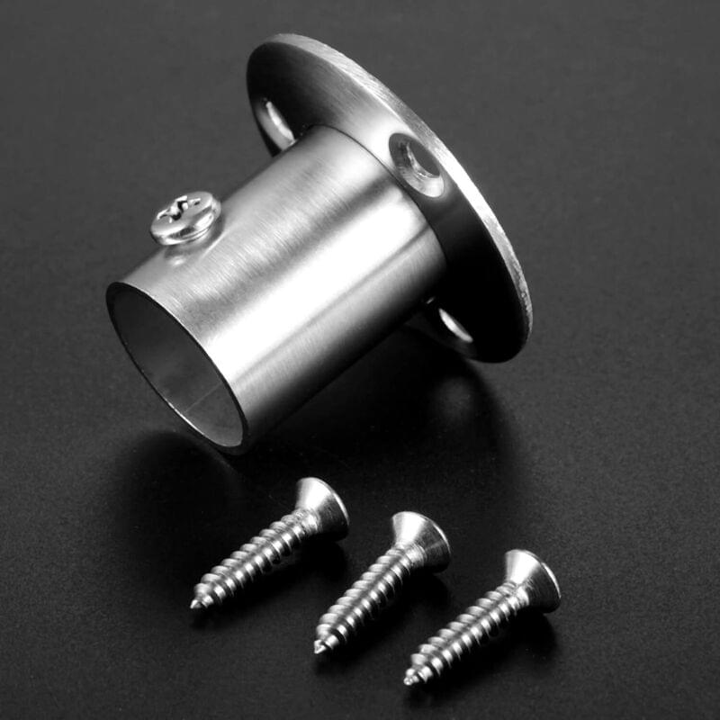 Stainless steel closet rod flange bracket with base plate and mounting screws, close-up