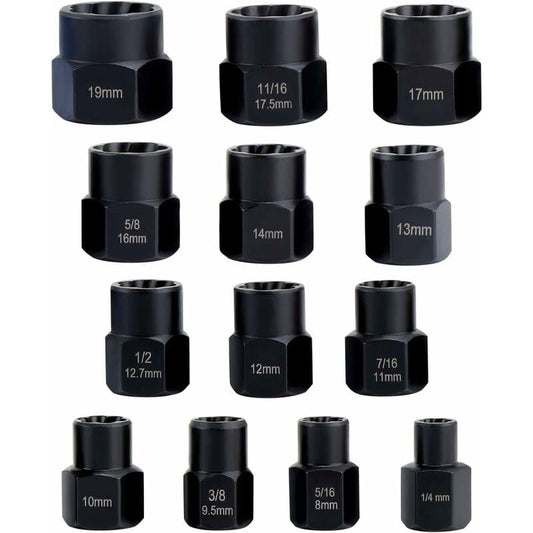 Black impact sockets with stamped sizes, including 19mm, 17mm, 14mm, and 13mm