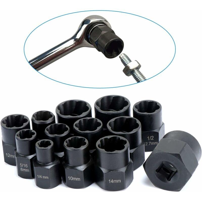 Impact socket set with multiple black sockets and twist bolt extractor tool