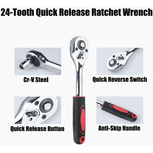 24-tooth quick release ratchet wrench with black and red anti-slip handle