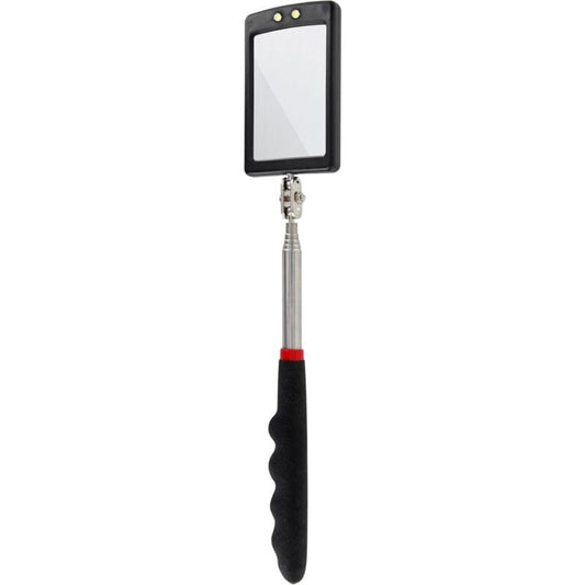Telescopic LED mirror with rectangular black-framed mirror and silver telescopic handle, black grip