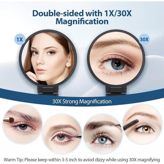 Round double-sided magnifying mirror showing a close-up 30X lens and wide view 1X