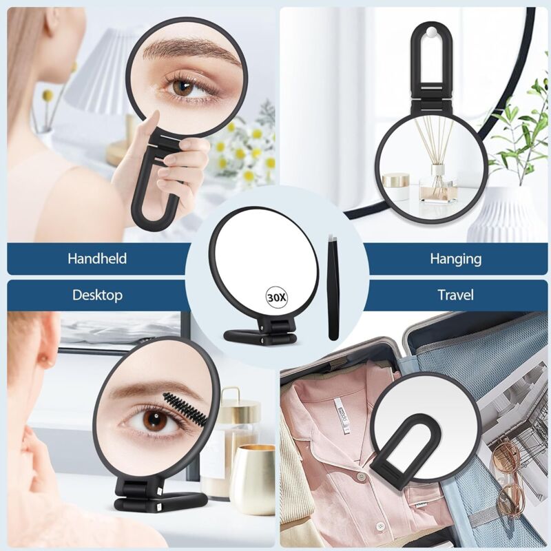 30X Magnifying Mirror, Hand Mirror With Handle, Double Sided Mirror With 30X/1X Magnification, Essential Travel Mirror