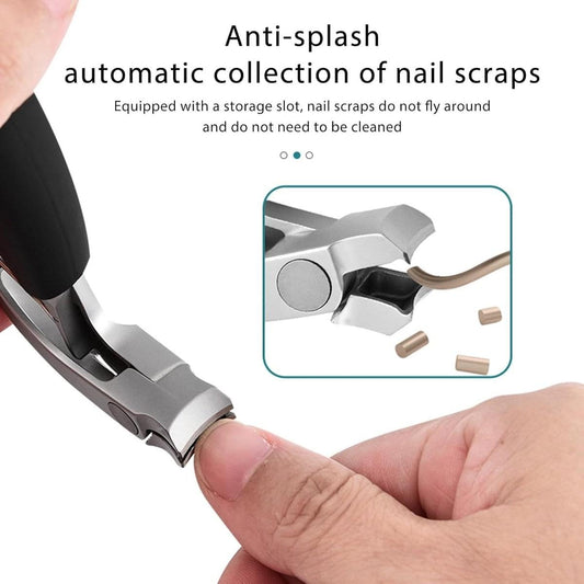 Handheld nail clipper with angled metal jaws and black grip handles