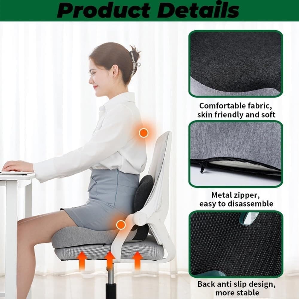 Ergonomic Memory Foam Seat Cushion with Lumbar Support and Tailbone Protection for Office Chairs, Driving and Home, Light Gray, L-Shaped