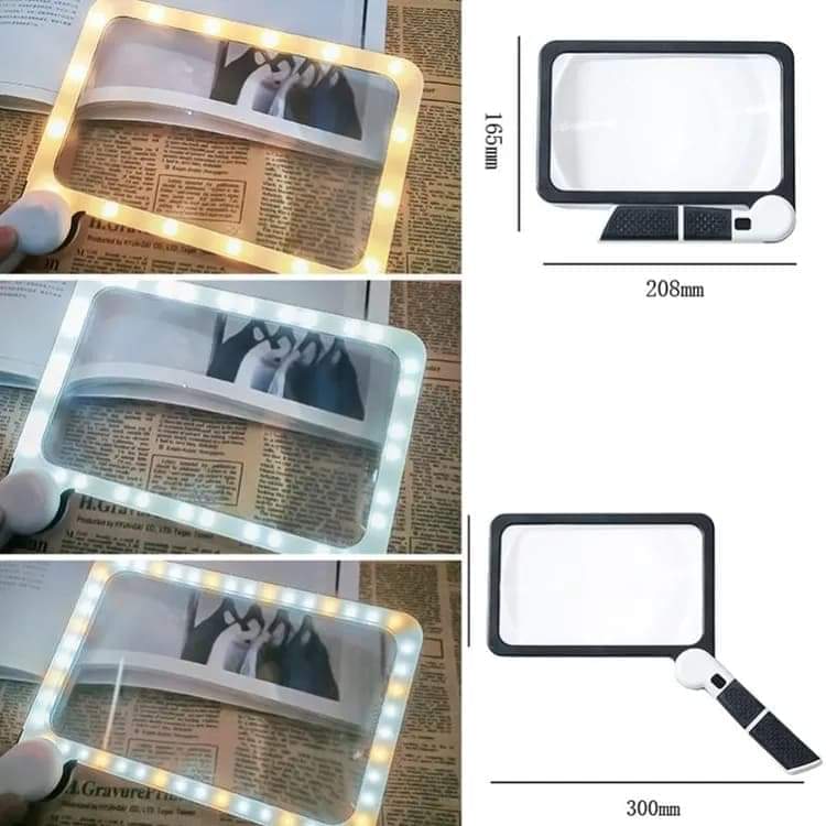 LED magnifier with illuminated frame around the lens and size measurements