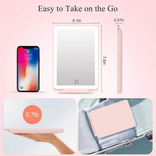 Rose pink foldable makeup mirror with compact design and side charging port