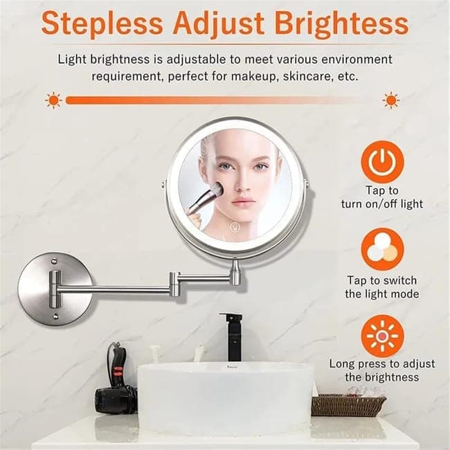 8 Inch Wall Mounted Makeup Mirror with Lights, 3x/10x Magnification, Dimmable 3 Light Modes, 360° Rotatable Double-Sided Mirror, Black