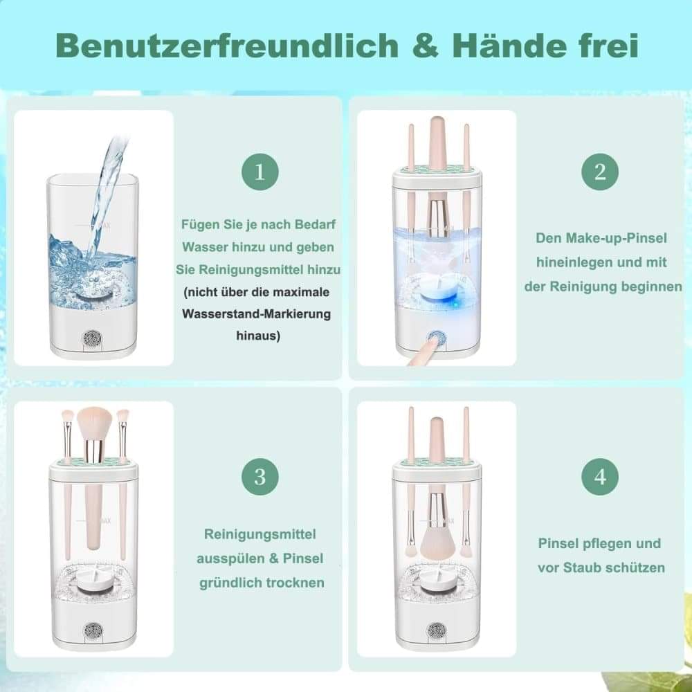 White makeup brush cleaner with transparent cup and blue water, hands-free operation