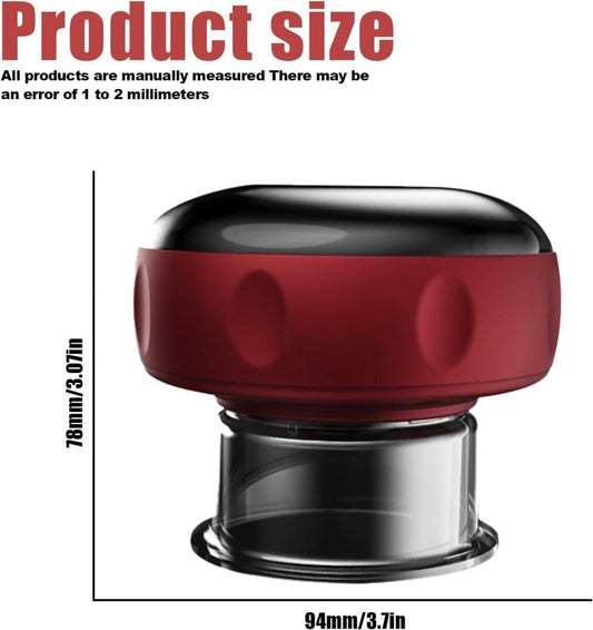 Red vacuum cupping massager with black display, shown with height and width