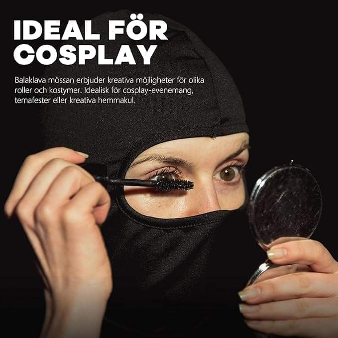 Black balaclava face mask with eye opening and chin coverage, close-up on face.