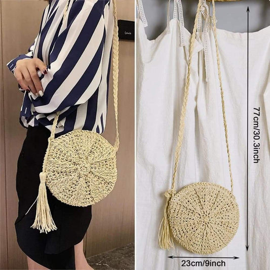 Round woven straw crossbody bag with fringe tassel and small shoulder strap, beige