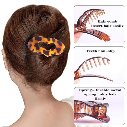 Tortoiseshell leopard flat hair clip holding a bun