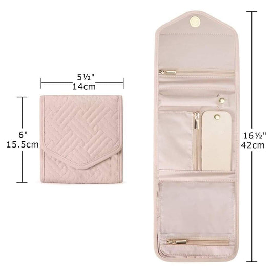 Light pink travel jewelry organizer pouch folded with multiple zipper compartments